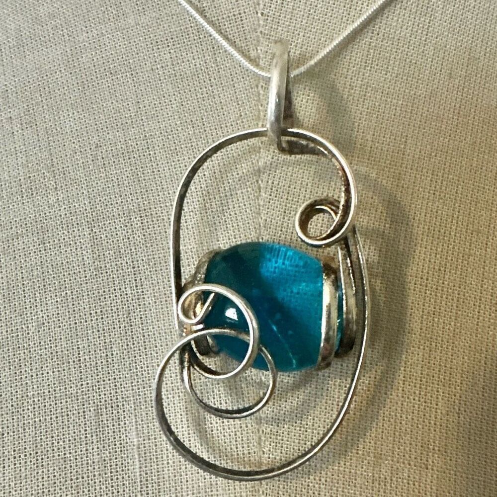Artisan Blue Glass Swirl Wire-Wrapped Pendant Necklace